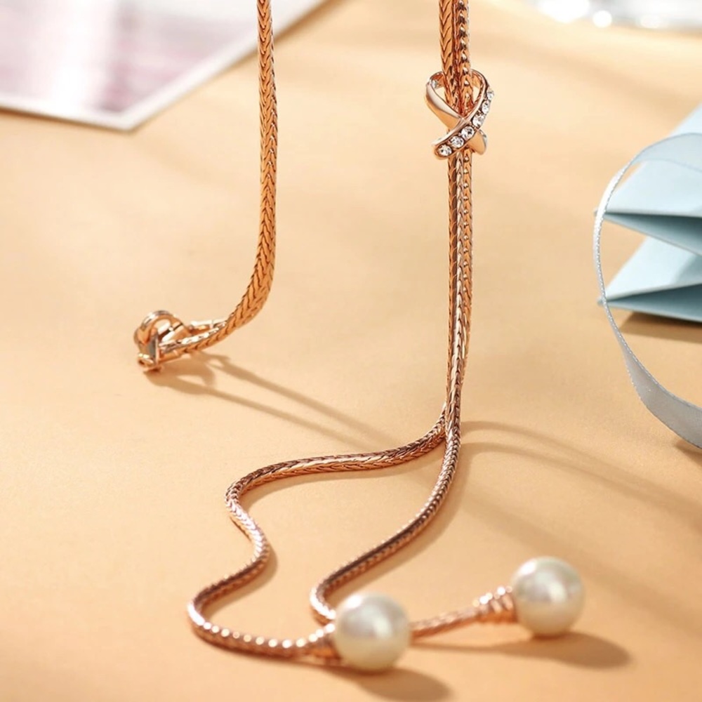 Gold chain necklace with cz  slide & pearl ends
